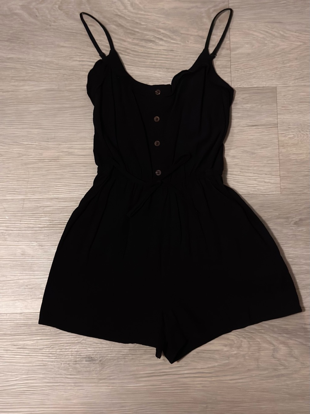Black Button-Front Romper with Spaghetti Straps